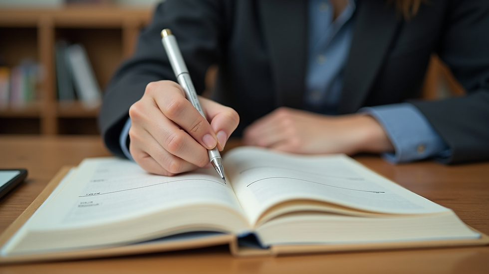 Eye-level view of a person writing goals in a journal on a wooden desk