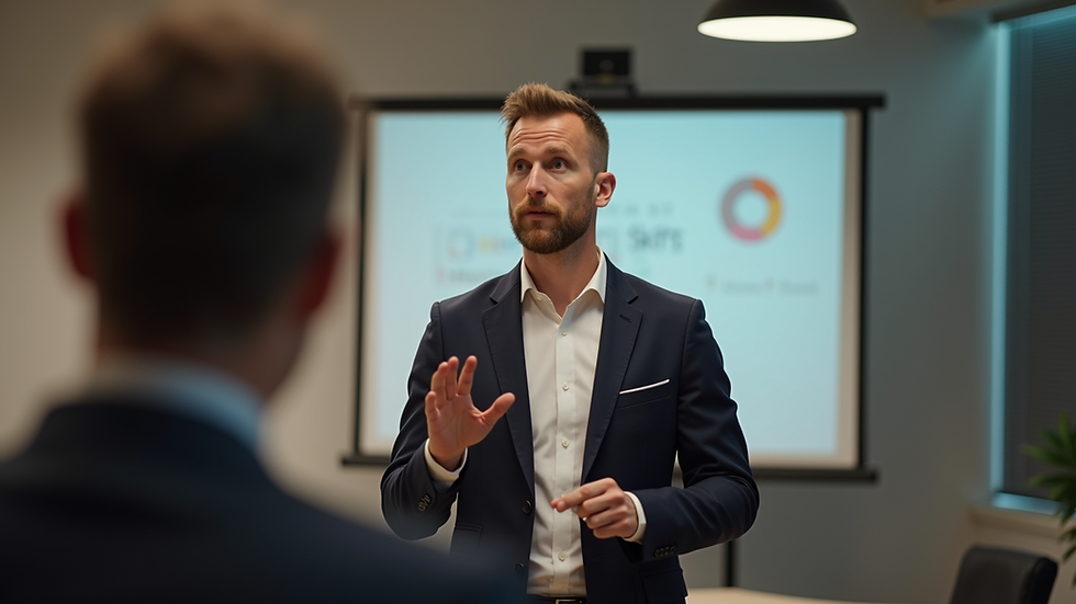 Close-up view of a person practicing confident posture during a presentation