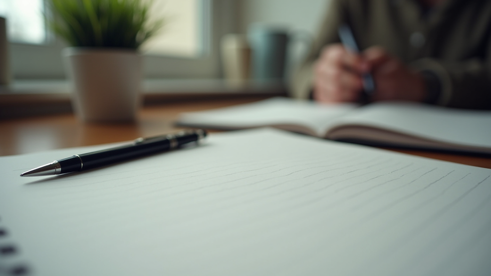 Close-up view of a desk with a notebook and pen, symbolising reflection and self-awareness