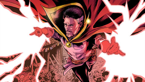 Doctor Strange flies towards the viewer in a crowed city street, shooting the Bolts of Balthakk from his fingertips.