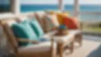 Close-up view of seaside porch with bright cushions