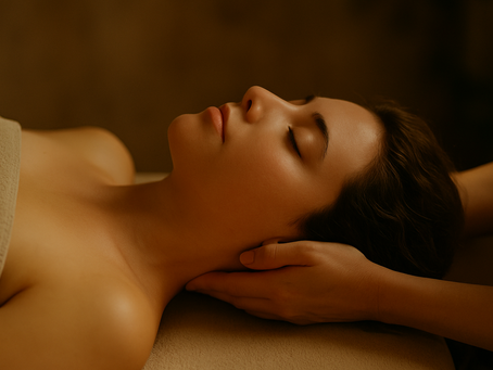 A woman lies face-up on a massage table with her eyes closed, wrapped in a soft beige towel. A practitioner’s hands gently cradle the back of her head, offering a sense of calm and support. The lighting is warm and ambient, creating a serene, healing atmosphere.