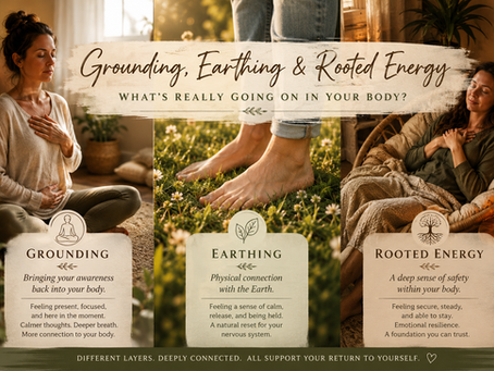 Illustration comparing grounding, Earthing, and rooted energy, featuring a meditating woman, bare feet connected to the Earth, and a peaceful figure resting beneath a tree, symbolizing presence, support, and safety within the body.  A slightly more SEO-focused vers