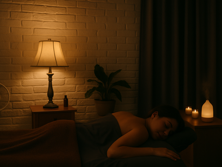 A woman lies peacefully face-down on a massage table in a softly lit therapy room with cream city brick walls, dark gray floor-length curtains, dark gray sheets, and a brown blanket. The space is warmly illuminated by a lamp and candles, with a diffuser emitting gentle mist and a potted plant adding a natural touch.