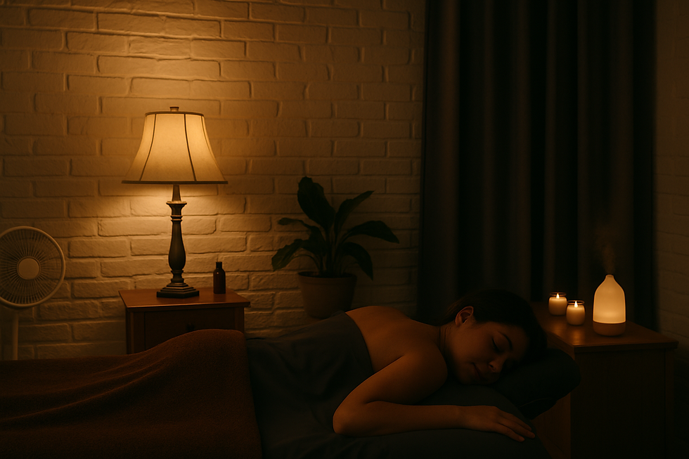 A woman lies peacefully face-down on a massage table in a softly lit therapy room with cream city brick walls, dark gray floor-length curtains, dark gray sheets, and a brown blanket. The space is warmly illuminated by a lamp and candles, with a diffuser emitting gentle mist and a potted plant adding a natural touch.
