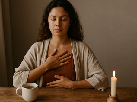A woman with wavy chestnut hair and light brown skin sits peacefully at a wooden table in a softly lit room. Her eyes are closed, and her hands rest gently on her chest and abdomen. A steaming mug and a glowing candle sit nearby, creating a serene atmosphere that reflects stillness, presence, and introspection.
