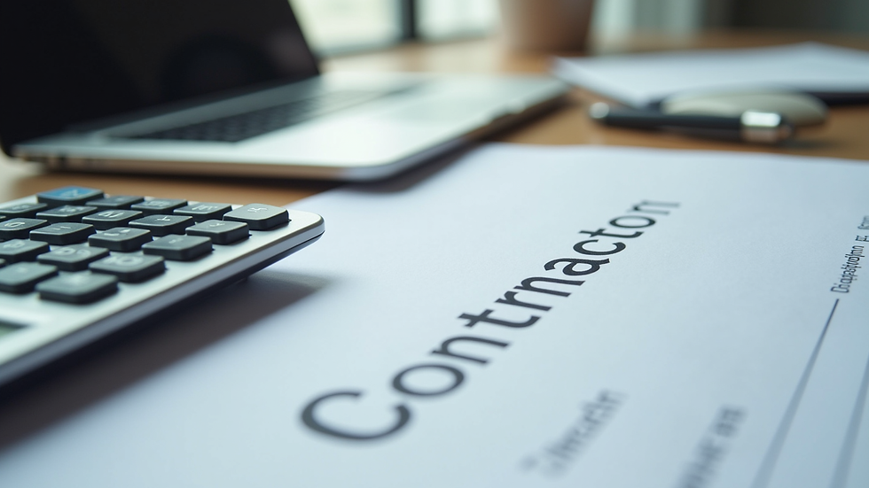Close-up view of a business contract and calculator on a desk