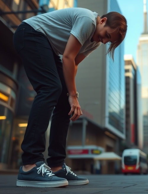 A man bending at the knees.