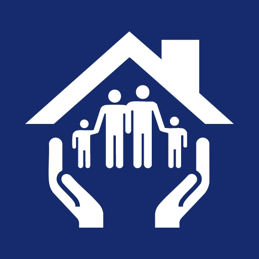 Graphic of hands holding up people in a house: image for charity organization.