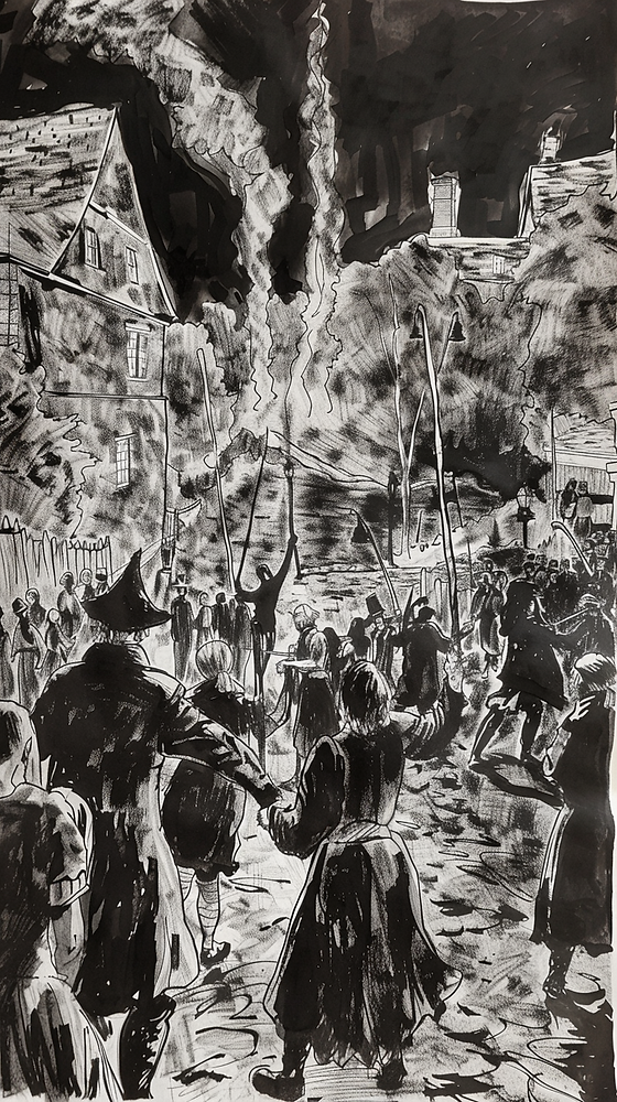 The Salem Witch Trials Illustration Illustration titled 'The Salem Witch Trials,' featuring a dark, mystical scene with silhouettes and occult symbols.