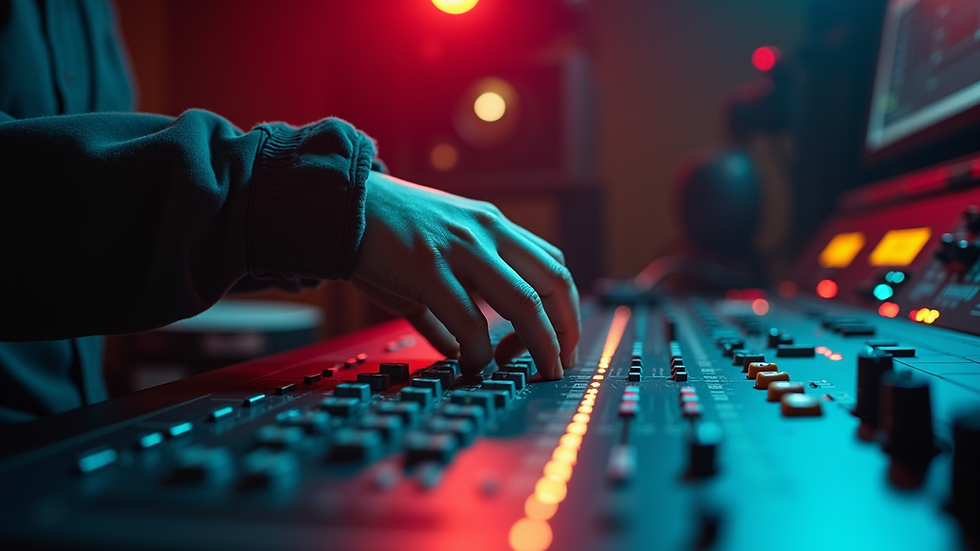 Close-up view of a sound engineer mixing audio in a studio