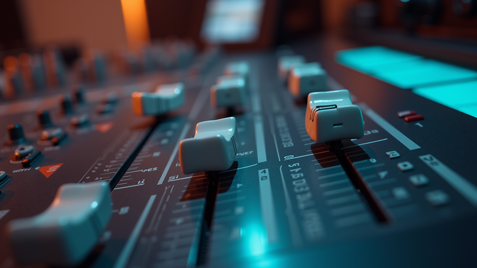 Close-up view of a sound mixing console with sliders and knobs