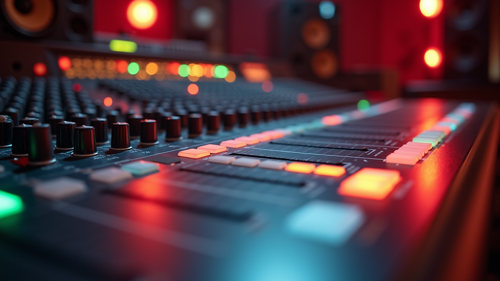 Eye-level view of a sound mixing console in a studio