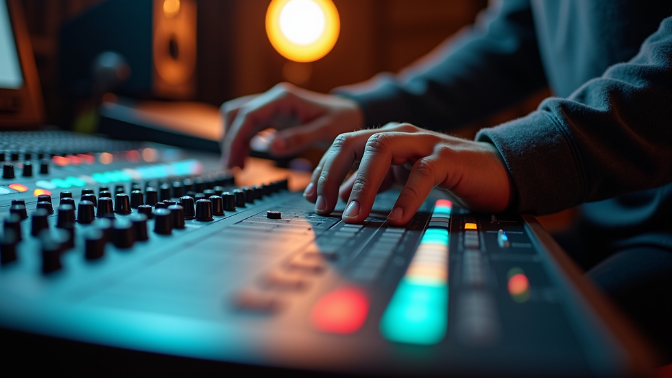 Close-up view of a sound engineer adjusting audio levels on a mixing console
