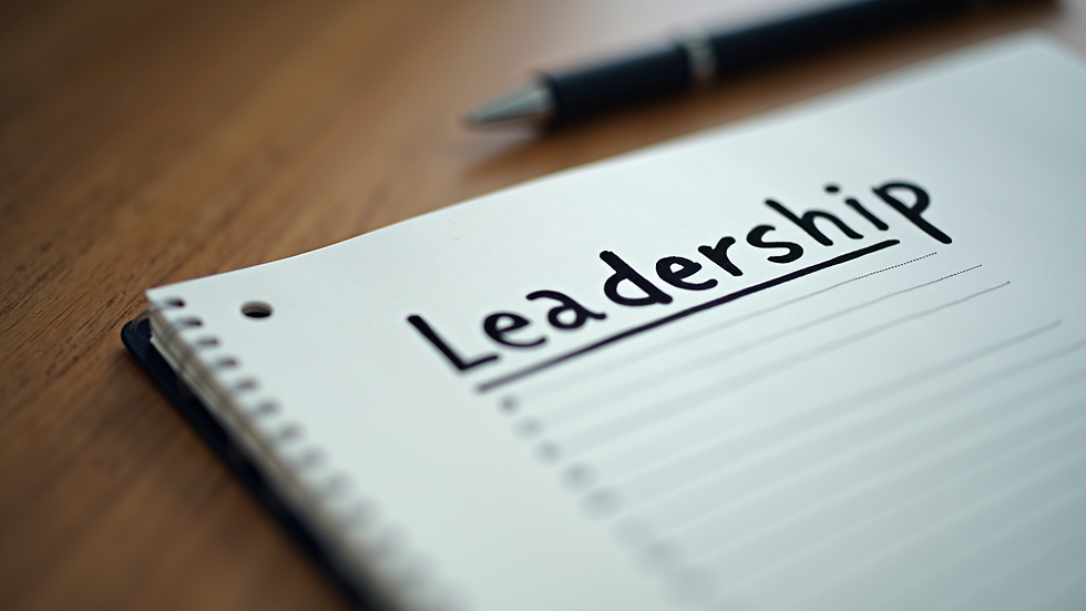 Close-up view of a notebook with leadership notes and a pen