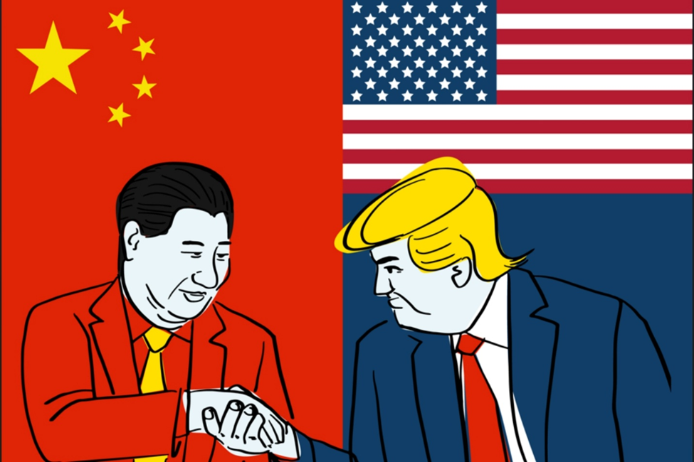 IMAGE- Caricature person painting Donald Trump Face Expressions Hand shaking China leader (Xi Jinping). Photo by DODOMO on Shutterstock. Provided by Centre de recherches internationales de Sciences Po.