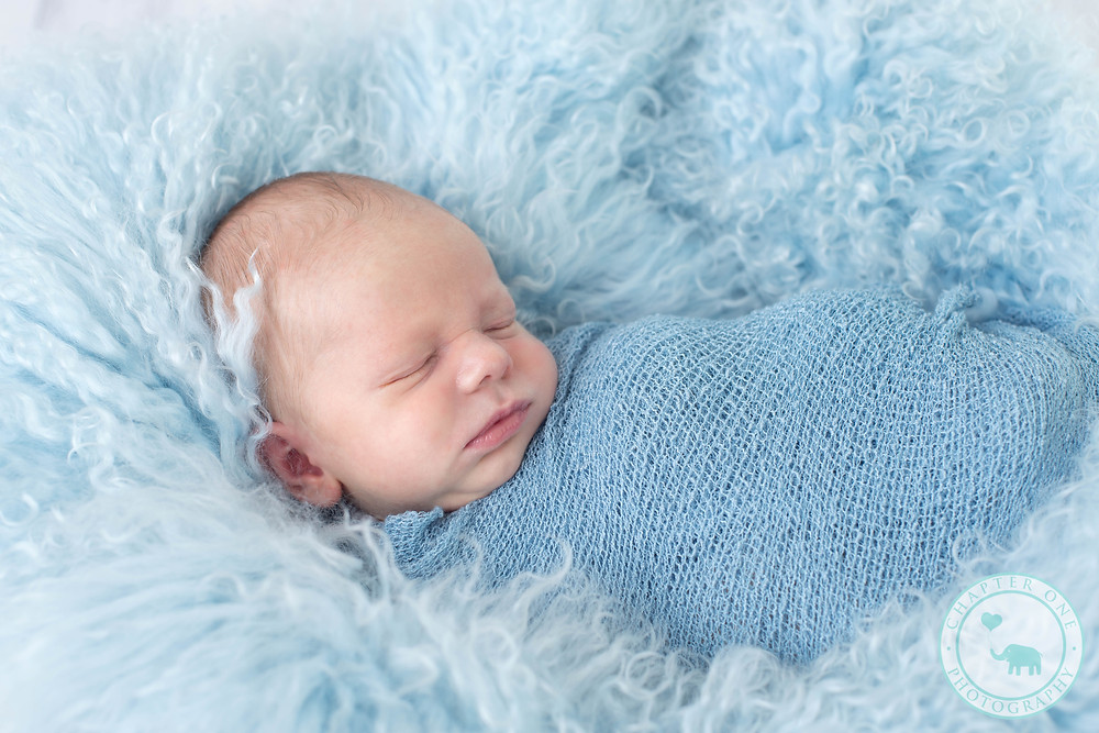 newborn boy in blue fur photo session