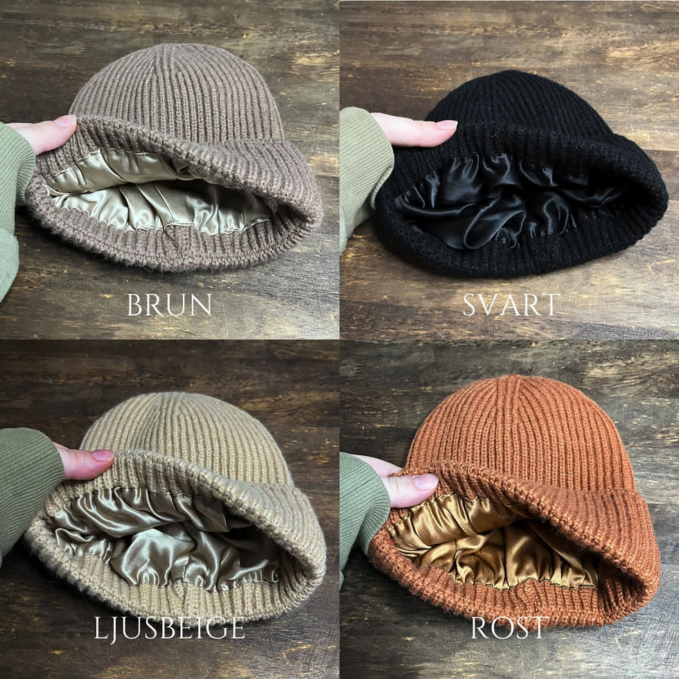Miniatyrbild: Stickad mössa/beanie med insytt sidensatin foder