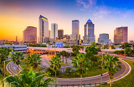 A view of downtown in Florida with highrise and buildings