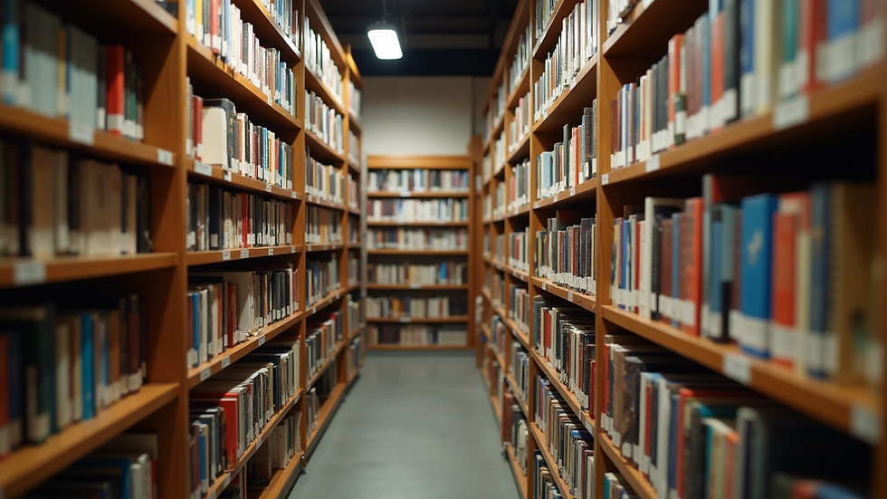 Eye-level view of a bookstore interior with shelves filled with books on Latin American history