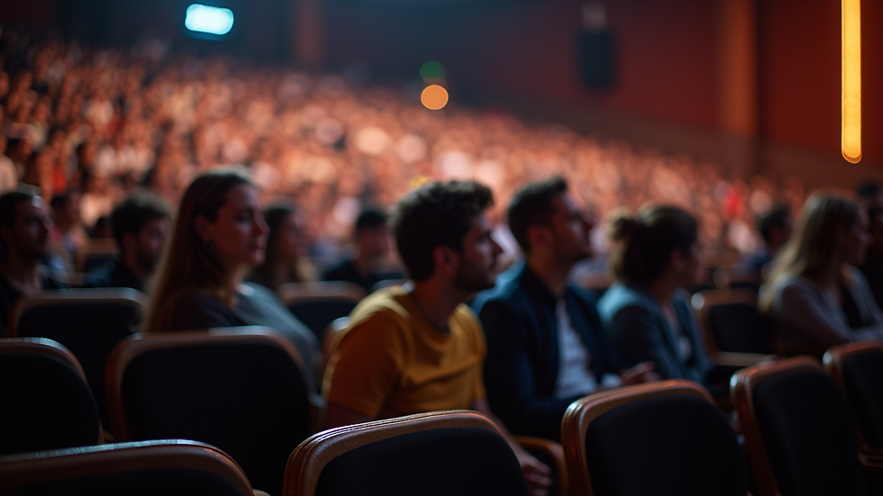 Plano medio de sala de eventos con público atento en presentación literaria