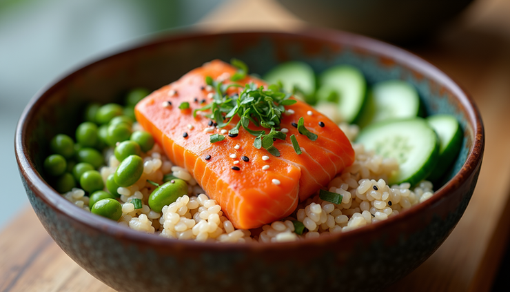 Eye-level view of a spicy salmon bowl with brown rice and edamame