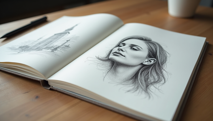 Eye-level view of a sketchbook with pencil drawings of landscapes and portraits