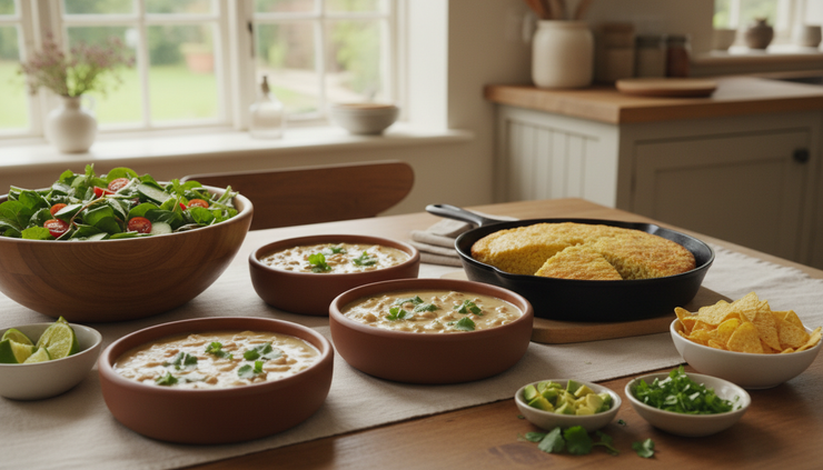 Wide-angle view of white chicken chili served with cornbread, salad, lime wedges, and tortilla chips.