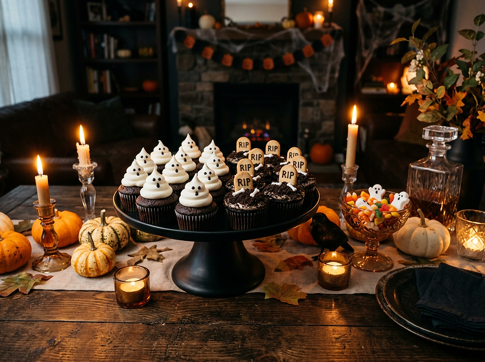 A cozy Halloween scene featuring a platter of ghost and tombstone-themed cupcakes, surrounded by glowing candles, pumpkins, and festive decorations.