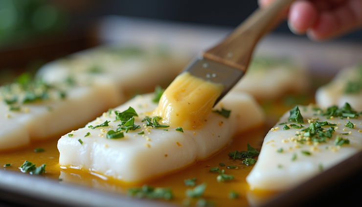Eye-level view of tilapia fillets being brushed with garlic herb mixture on a baking sheet