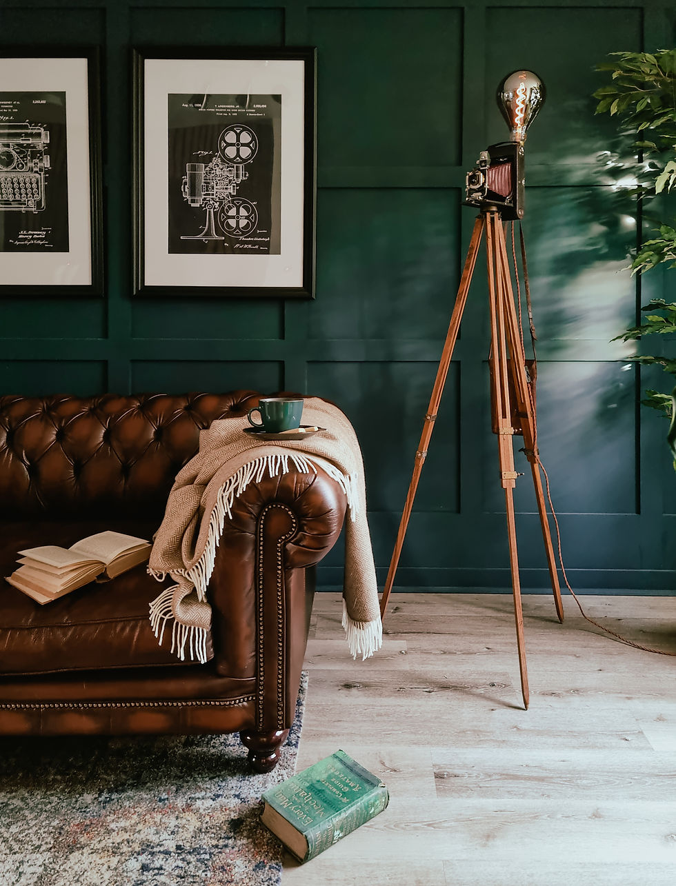 Cozy and stylish art studio lounge featuring a vintage leather sofa, elegant framed art, and a classic camera on a tripod, creating an inspiring atmosphere for creativity and relaxation.