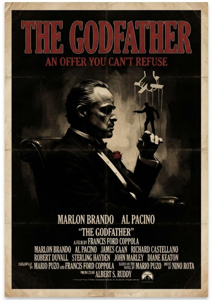 A classic movie poster for "The Godfather," featuring a silhouette of a powerful figure holding puppet strings, symbolizing control and influence, with the iconic tagline "An offer you can't refuse."
