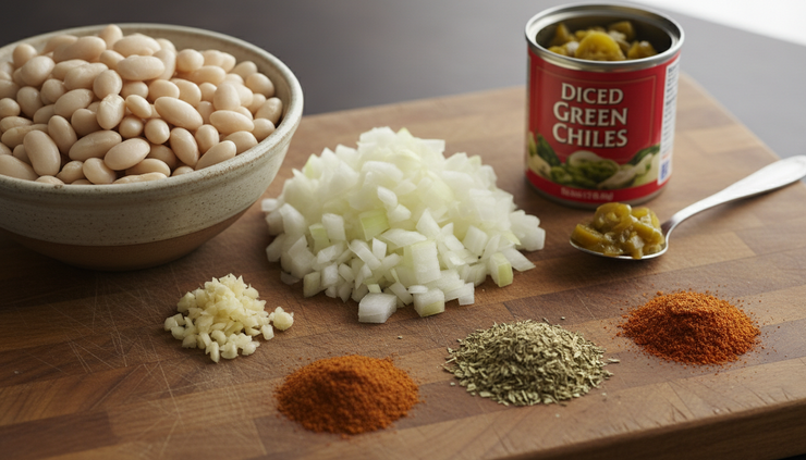 Close-up view of white beans, green chiles, garlic, and cumin ready for chili.