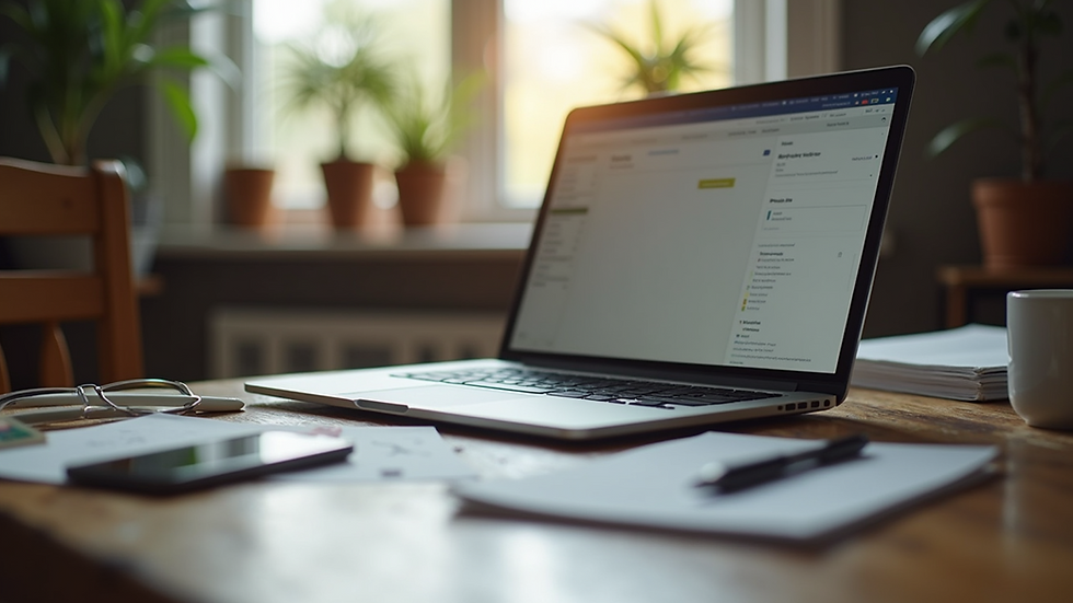 Eye-level view of a cozy workspace with art supplies and a laptop