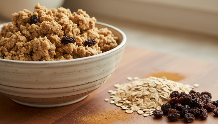 A bowl of freshly made oatmeal and raisin cookies sits alongside natural oats and raisins, highlighting the difference made by selecting quality ingredients and a balanced flour blend.