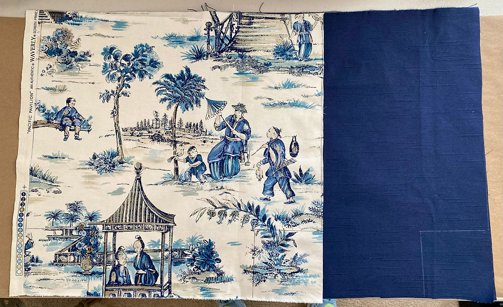 Fabric pieces featuring a scenic design and solid blue are prepared for basket crafting.