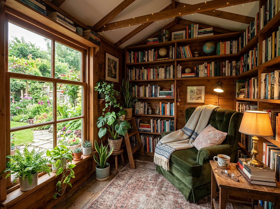 Cozy sheshed library with wooden shelves filled with books, a plush armchair, and a view of a blooming garden.