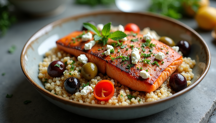 High angle view of Mediterranean salmon bowl with couscous and roasted vegetables