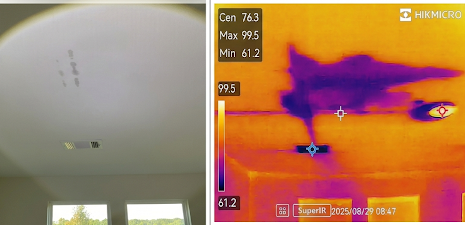 Thermal imaging revealed moisture extending beyond visible ceiling staining during a home inspection