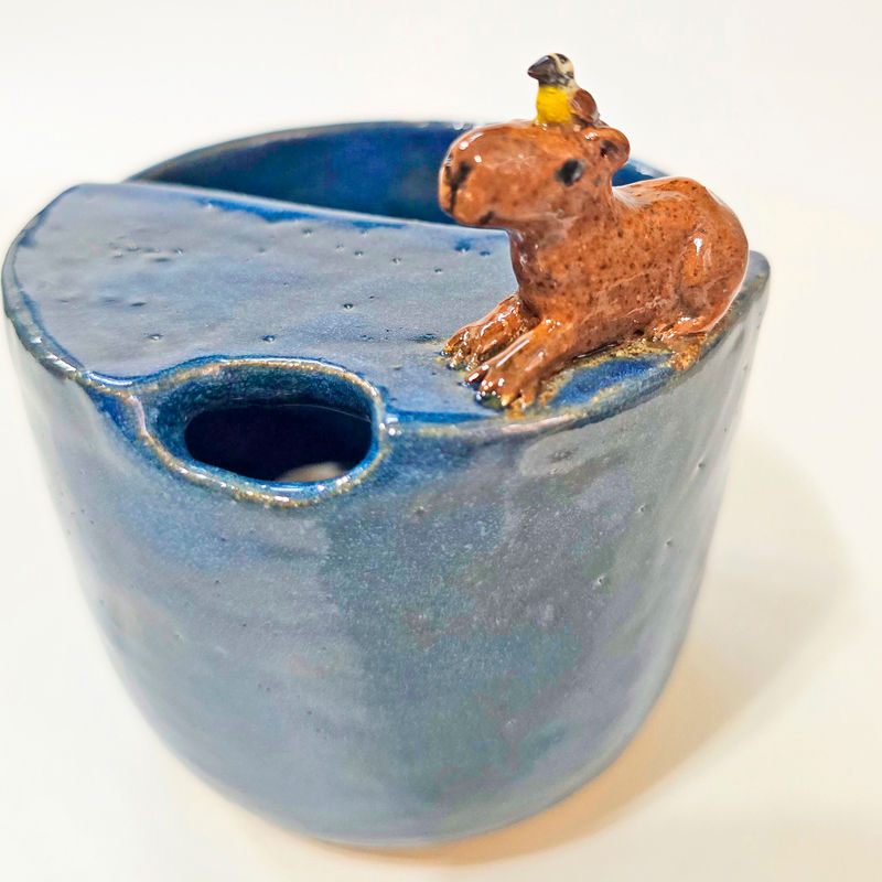 Copo Capi no rio com bem-te-vi