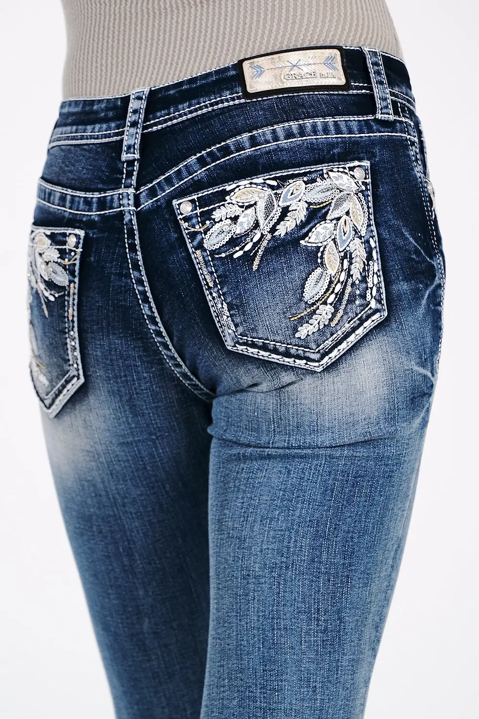 GRACE IN LA White Leaves Embroidered Mid Rise Bootcut Jeans