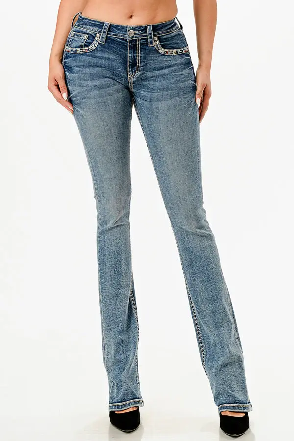 Sličica: GRACE IN LA Aztec Embroidered Mid Rise Embellished Women's Bootcut Jeans