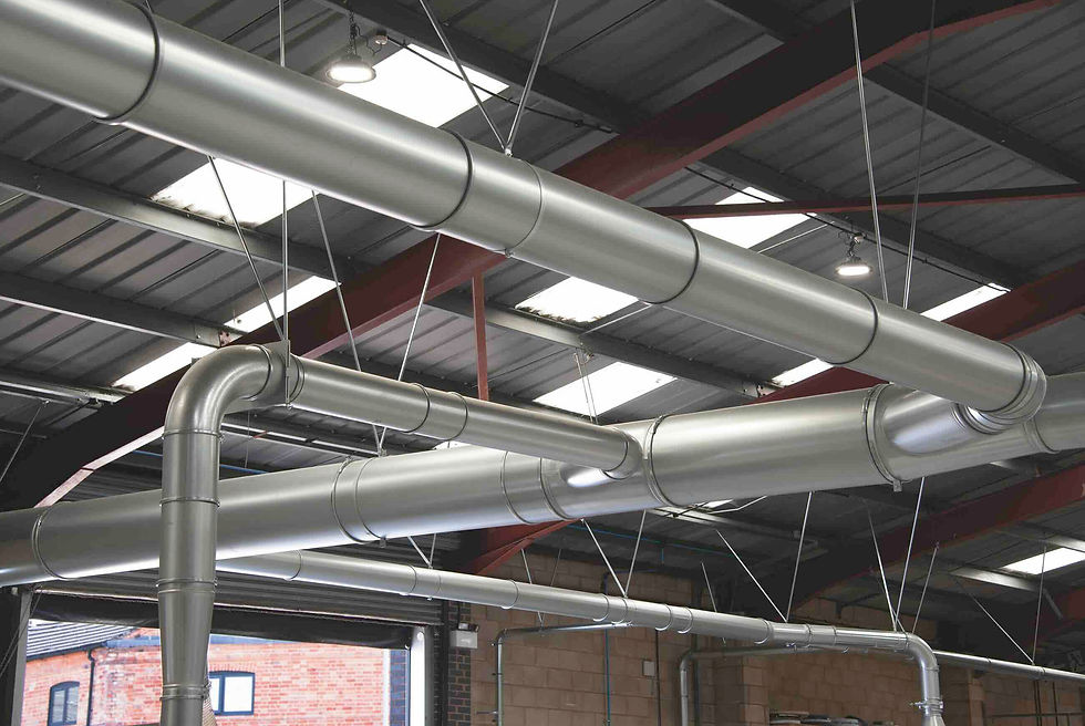 Galvanised steel QF ductwork throughout the factory connects all machines to the extraction system