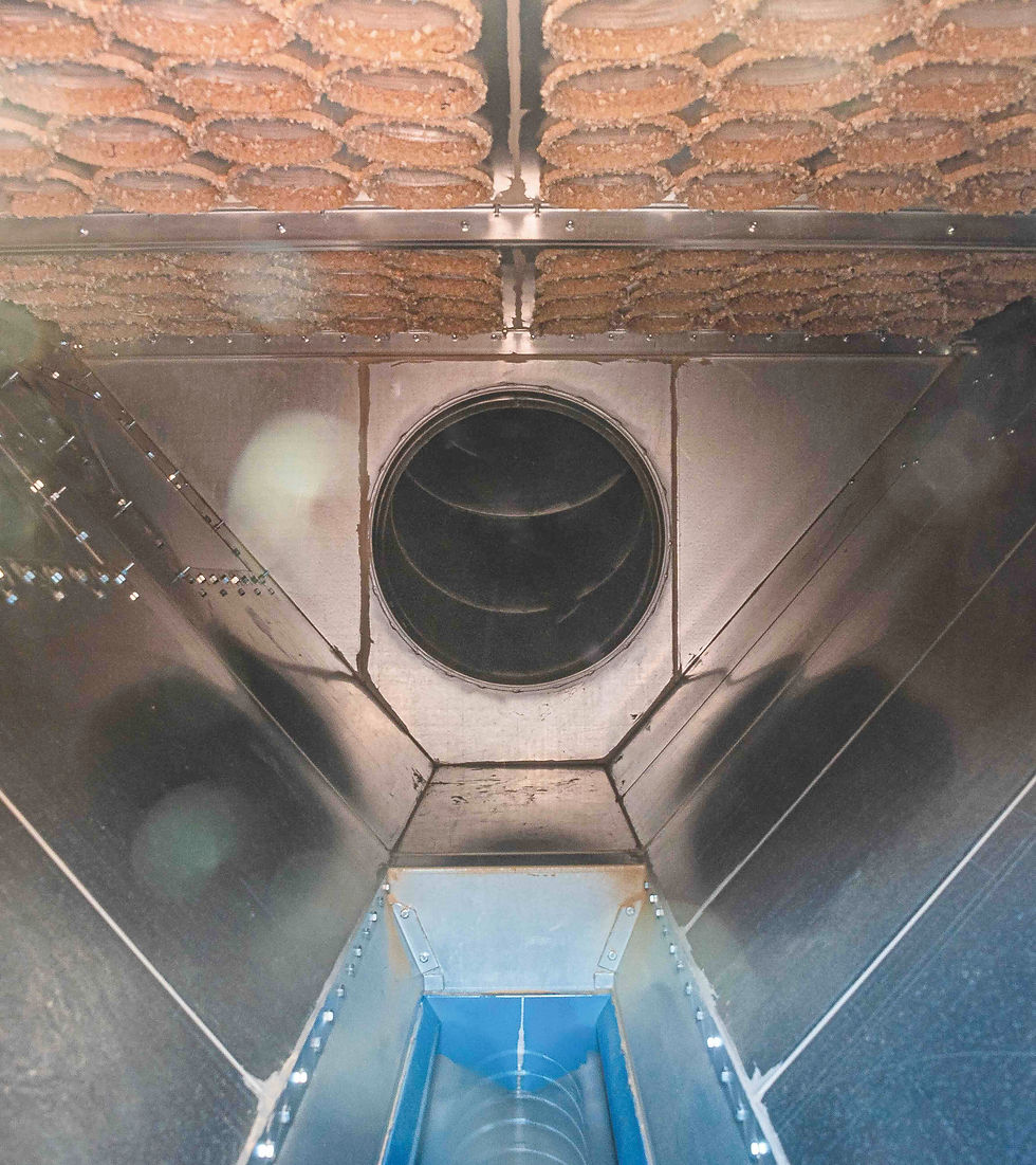 Internal view of the filter unit in operation shows dust and wood waste collecting on the tubular filter bags and rotary valve, which is located at the bottom of the hopper