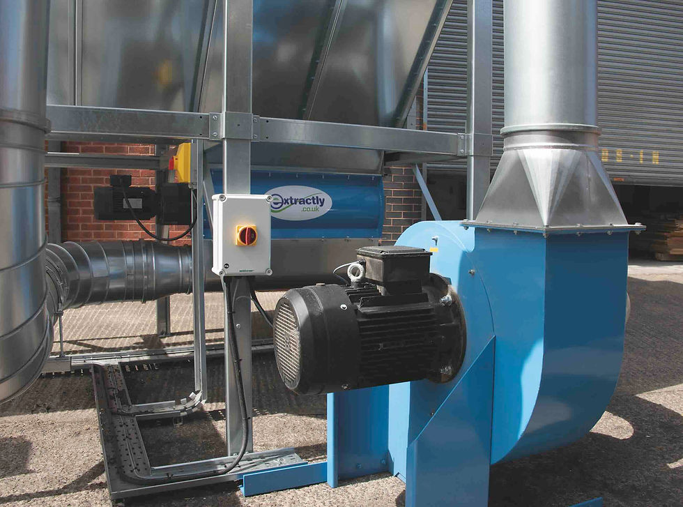 Dust and chips are discharged from the filter unit via a rotary valve, then a 15kW transport fan delivers it to the waste container