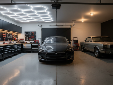 Wide-angle view of a dim garage transformed with hexagon ceiling lights