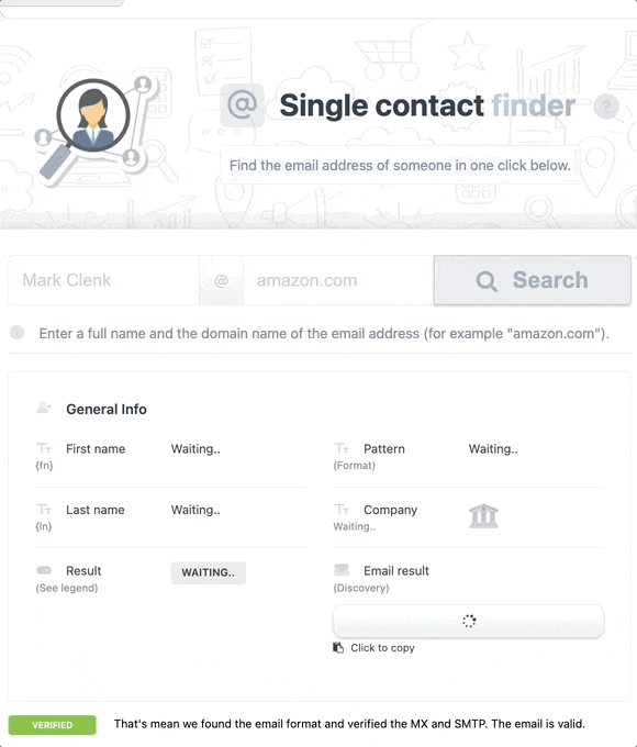 Find emails from first name, last name and company name .gif