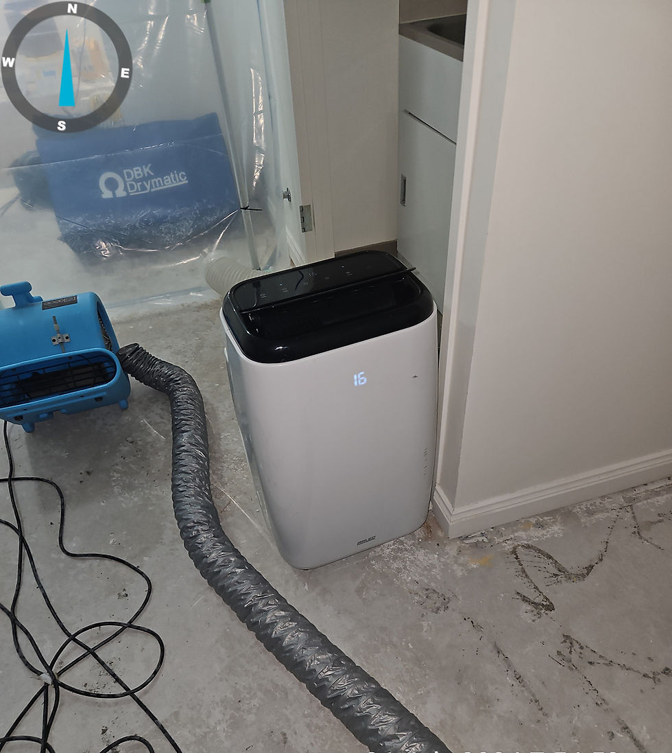 air movers with hot dry air inlet coming in from a dehumidifer to target the wet ceiing area. This is a setu in a closed drying system at one of our project in Lane Cove