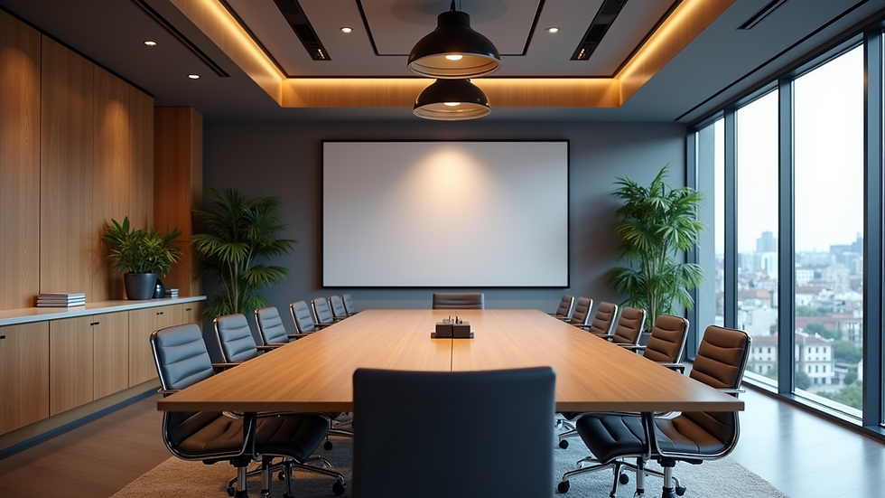 Eye-level view of a modern conference room with integrated AV equipment