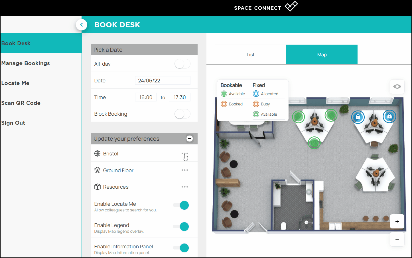 Space Connect workspace management dashboard with desk and visitor management'